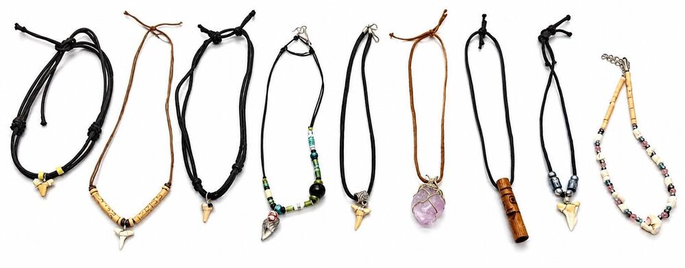 9 Pc Boho Surfer Necklace Lot Tooth Pendants Beaded Cord Stone Tribal Jewelry